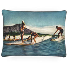 Load image into Gallery viewer, Hawaii Oahu Honolulu Waikiki Beach Surf Riders United Airlines 1962 Luxury Pillow
