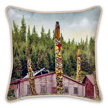 Load image into Gallery viewer, Alaska Ketchikan Haidi Totem poles and residence 1920s Silk Pillow

