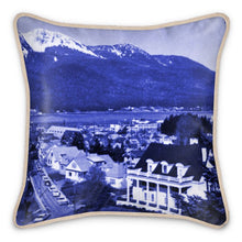 Load image into Gallery viewer, Alaska Juneau Governor’s Mansion Blue Silk Pillow
