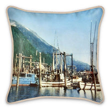 Load image into Gallery viewer, Alaska Juneau Fishing Fleet 1950s Silk Pillow
